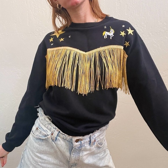Black Unicorn Star Embroidered Gold Fringe Crewneck Sweatshirt - Picture 4 of 4